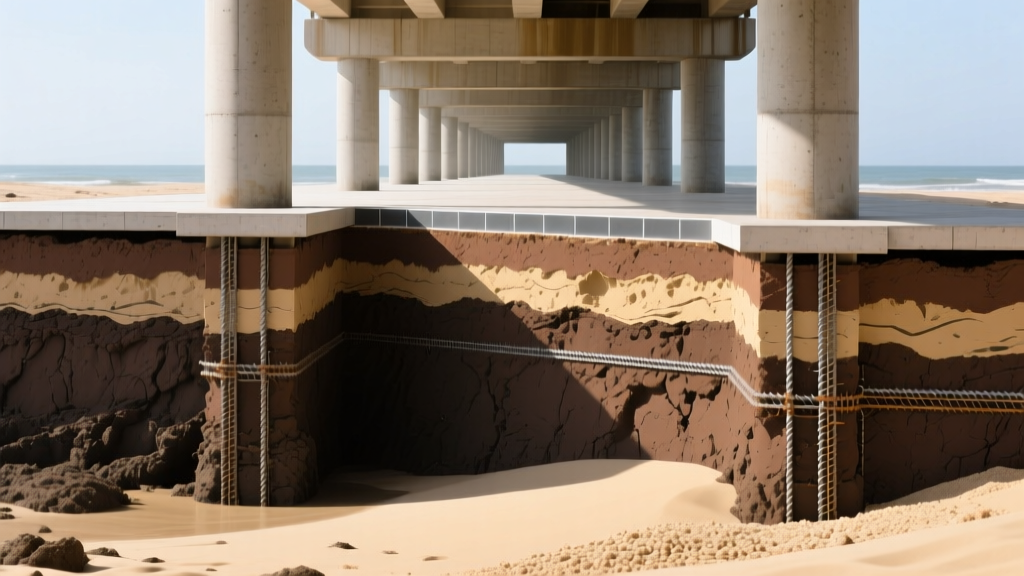 Cross-section architectural diagram showing a deep pier foundation in expansive clay soil next to a shallow slab-on-grade in sandy coastal soil