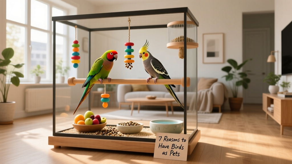 A tidy, enriched bird habitat with perches, toys, and fresh food/water in a modern apartment setting