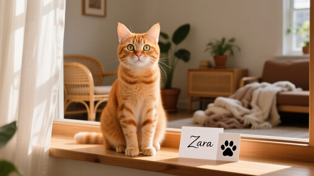 A playful ginger cat sitting upright, looking curious and alert, with soft natural lighting