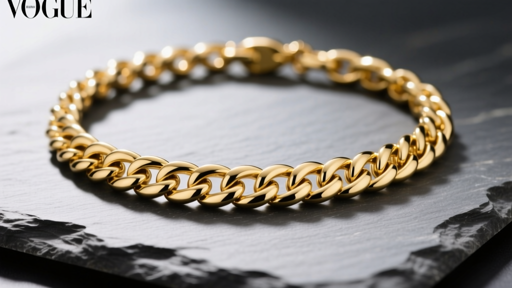 Close-up of a 14k yellow gold Cuban necklace chain on slate, showing interlocking links and polished finish under soft lighting.