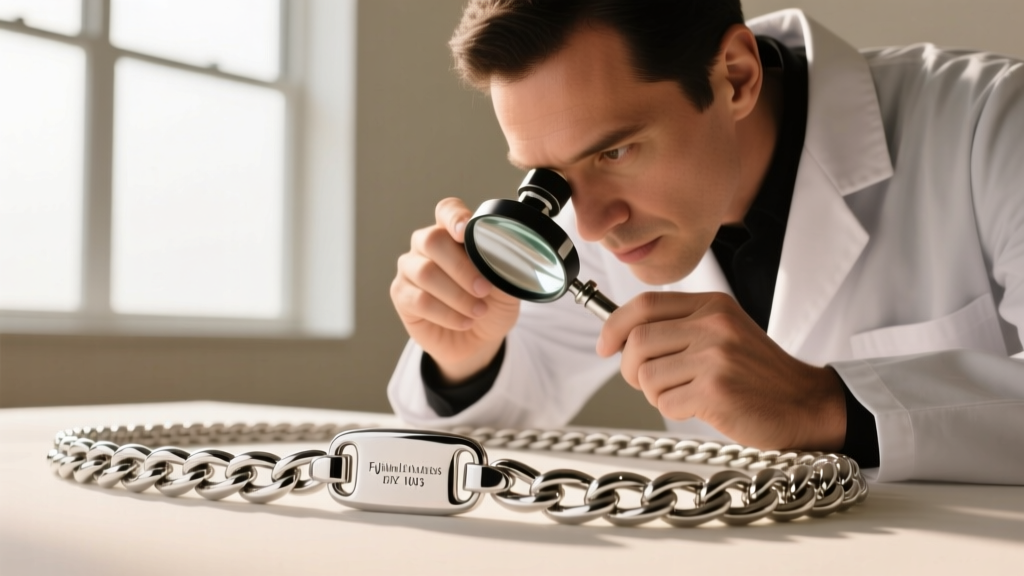 Jeweler using a loupe to inspect the hallmark and laser inscription on the clasp of a heavy platinum rope chain under daylight.