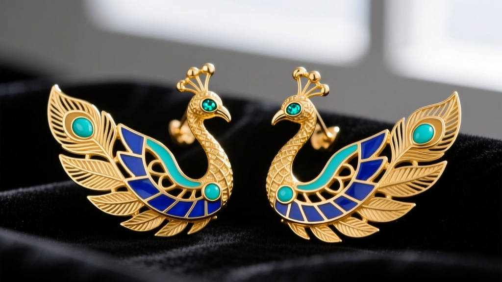 Macro shot of 18k gold peacock earrings with blue champlevé enamel and turquoise cabochon accents resting on dark velvet.