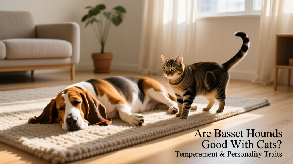 A relaxed Basset Hound lying beside a curious tabby cat on a sunlit living room rug