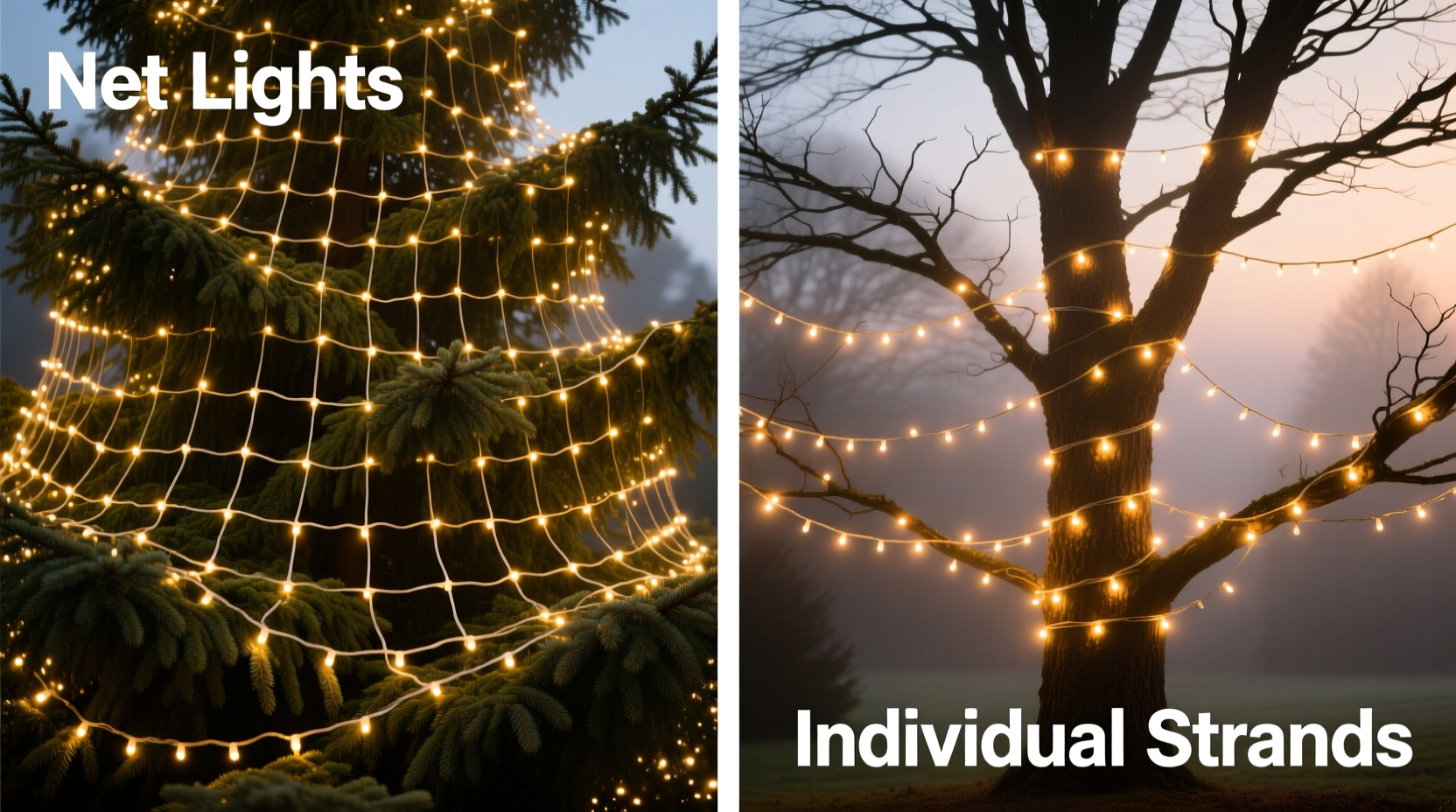 net lights vs individual strand placement which gives fuller coverage