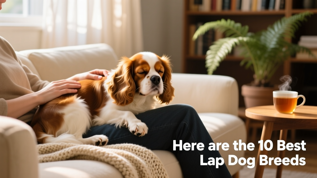 A Cavalier King Charles Spaniel resting contentedly on a person's lap on a cozy living room sofa