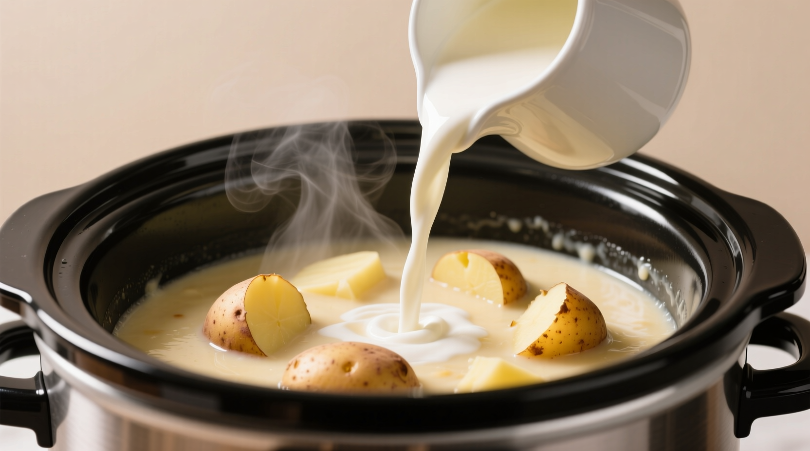 Weekend meal prep showing dairy added to slow cooker at 7:45 mark, not during initial layering, preventing curdling in potato soup
