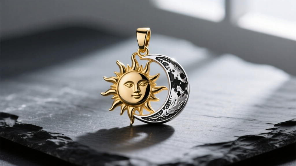 Close-up of a two-tone 14k gold and oxidized sterling silver sun and moon pendant resting on dark slate, cinematic lighting