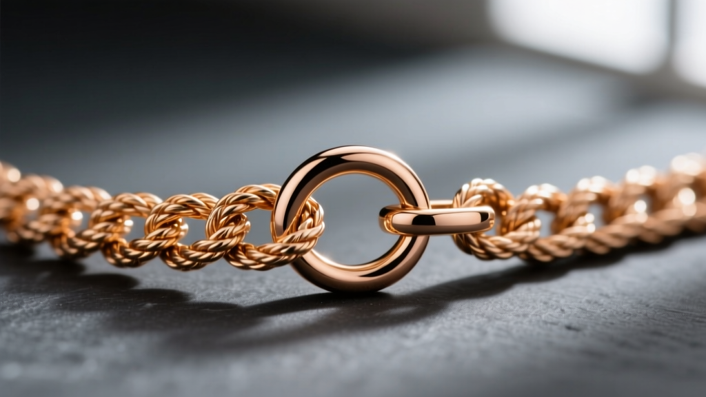 Macro shot of a 10k rose gold rope chain, showing twisted metal texture and a spring ring clasp against a dark slate background.