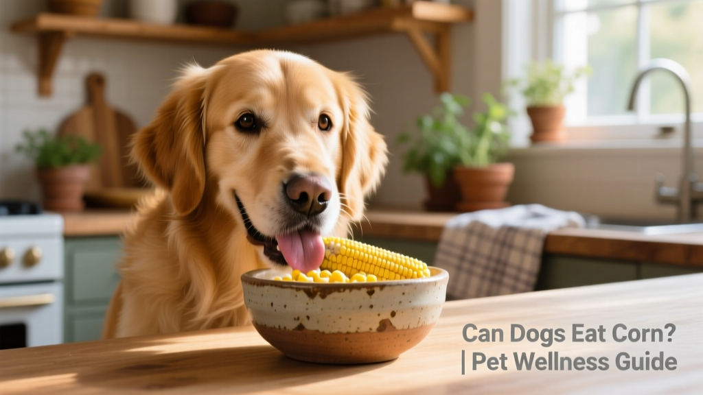 A dog happily eating plain yellow corn kernels from a ceramic bowl