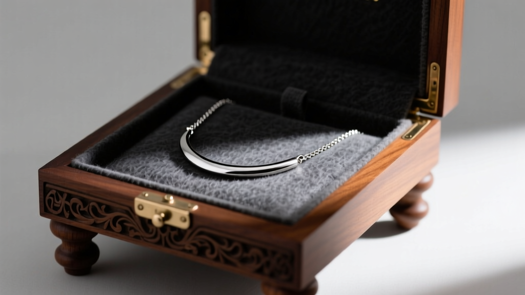 Silver necklace on dark grey anti-tarnish flannel inside a raised mahogany jewelry box with carved wooden legs, macro lighting.