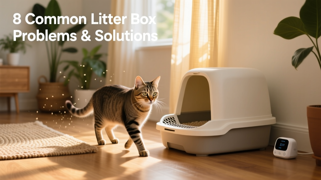 A calm, healthy cat stepping confidently into a clean, open litter box in a quiet corner of a sunlit room