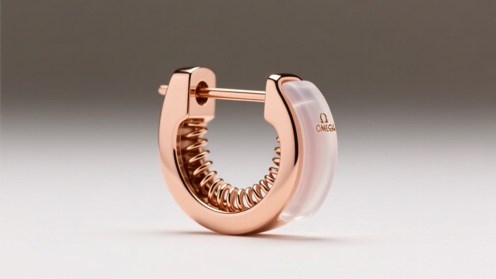 Side view of a rose gold French omega clip earring revealing the internal tension spring mechanism and a clear silicone comfort pad.