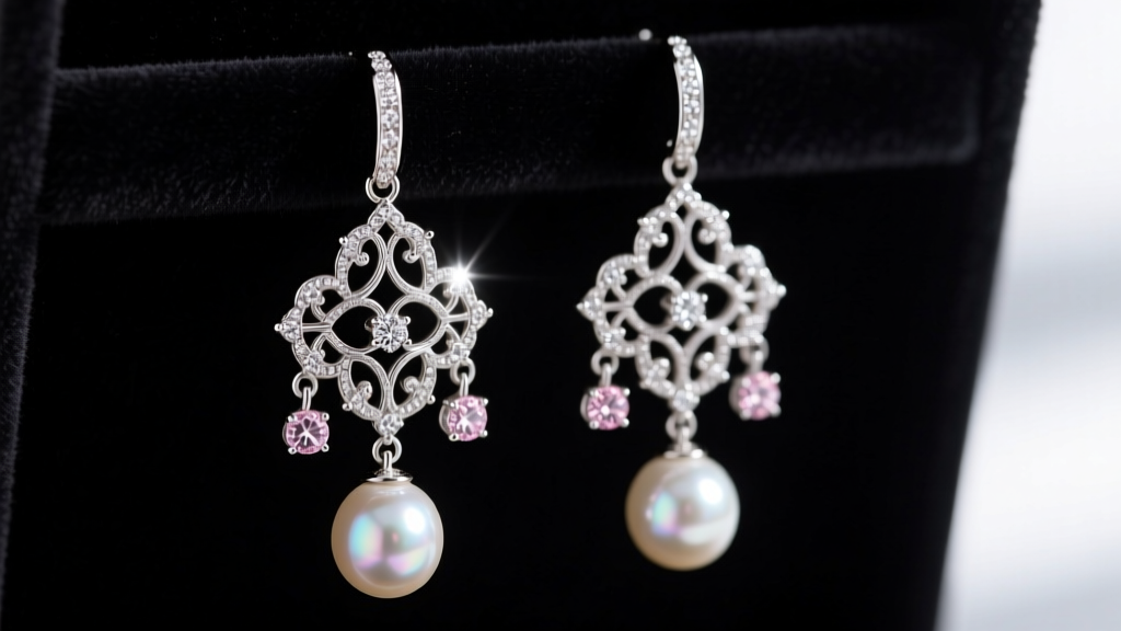 Close-up of intricate platinum filigree chandelier earrings featuring natural pearls and rose-cut diamonds against dark velvet.