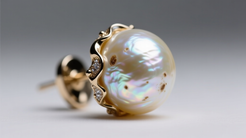 Macro view of a baroque pearl earring revealing surface blemishes and iridescent nacre under a professional 10x jeweler's loupe