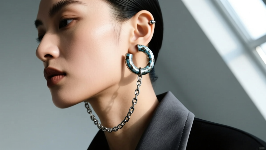 Asymmetric oxidized silver ear styling with a chain drape connecting a lobe stud to a helix cuff on a model in dark streetwear.