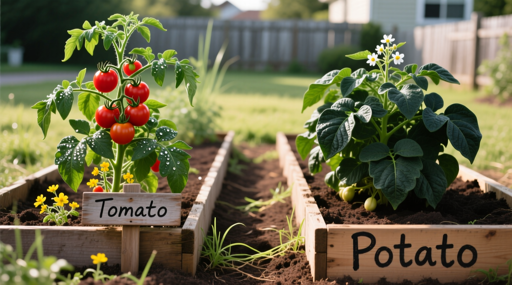 Tomato and potato plants growing in separate garden beds