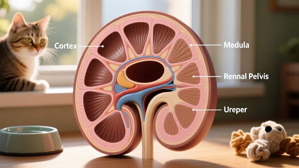 Close-up cross-section diagram of a healthy cat kidney showing cortex, medulla, and renal pelvis