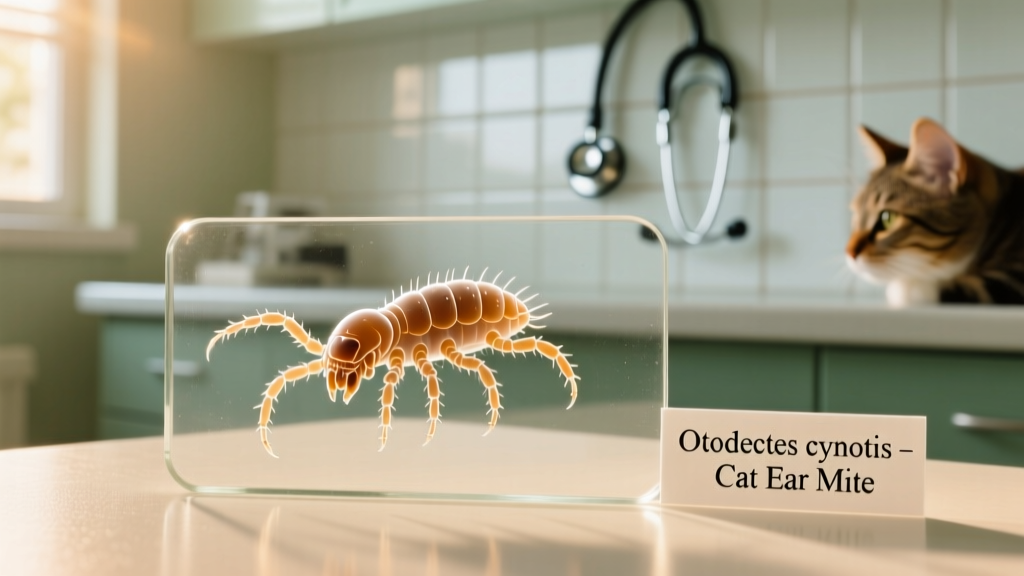 Microscopic view of ear mite specimens on a slide, labeled for educational context