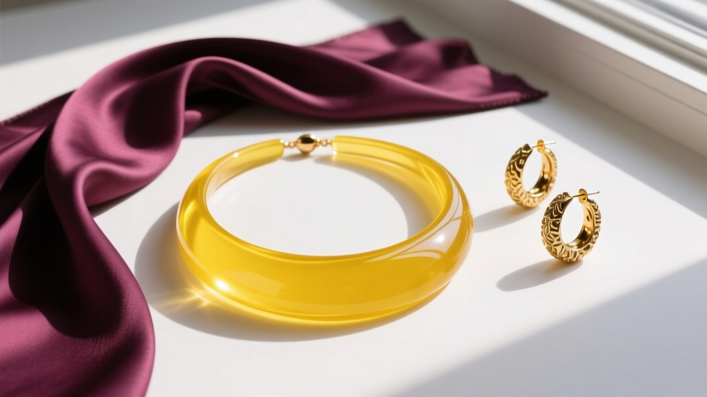 Flat lay editorial of a bright yellow statement resin necklace styled next to a deep plum silk scarf and textured gold hoops.