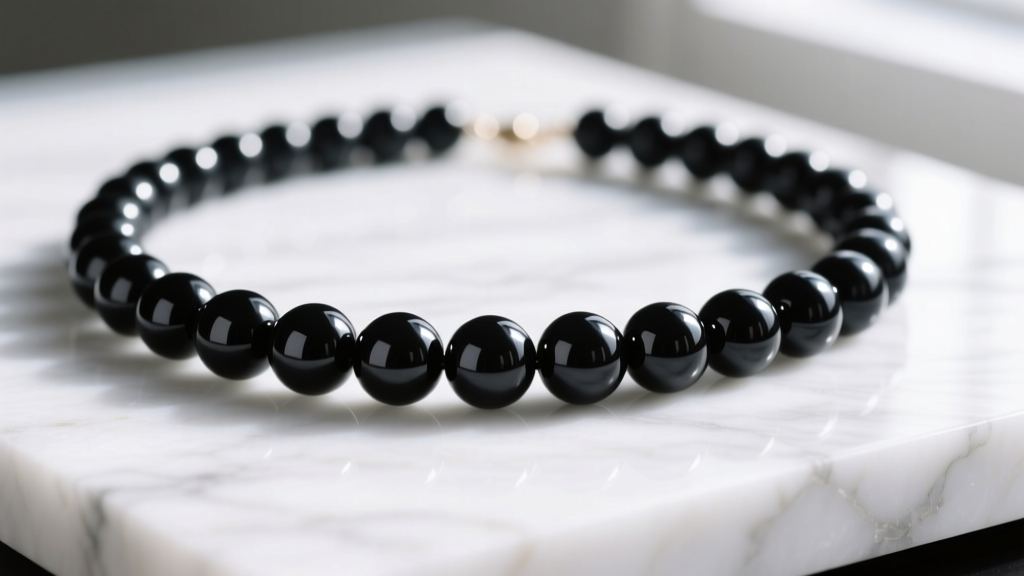 Close-up of a sleek black glass bead necklace on white marble, reflecting soft window light, highlighting glossy round beads.