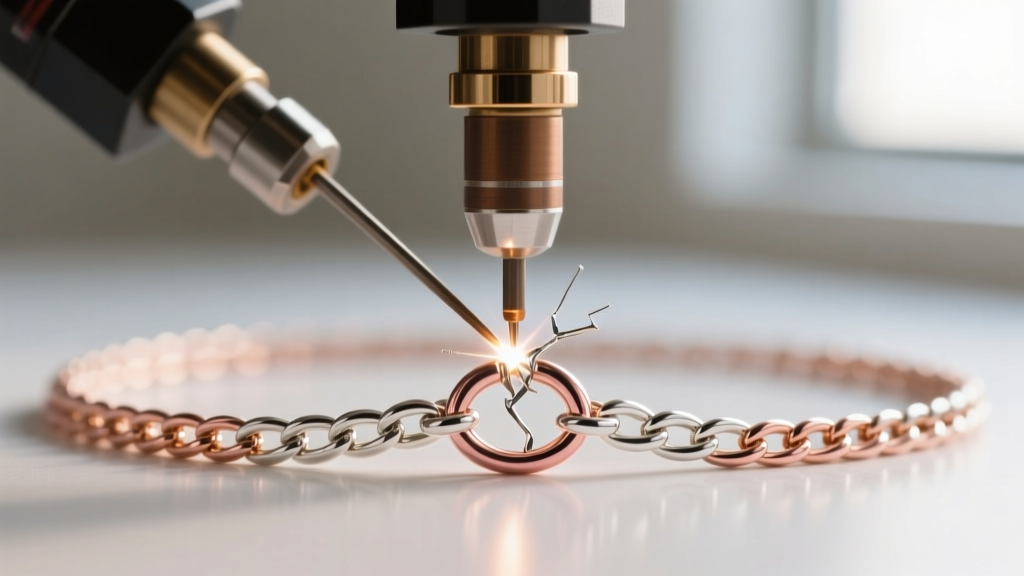 Macro photography of a laser welder repairing a broken solder joint on a delicate two-tone rose and white gold rope chain
