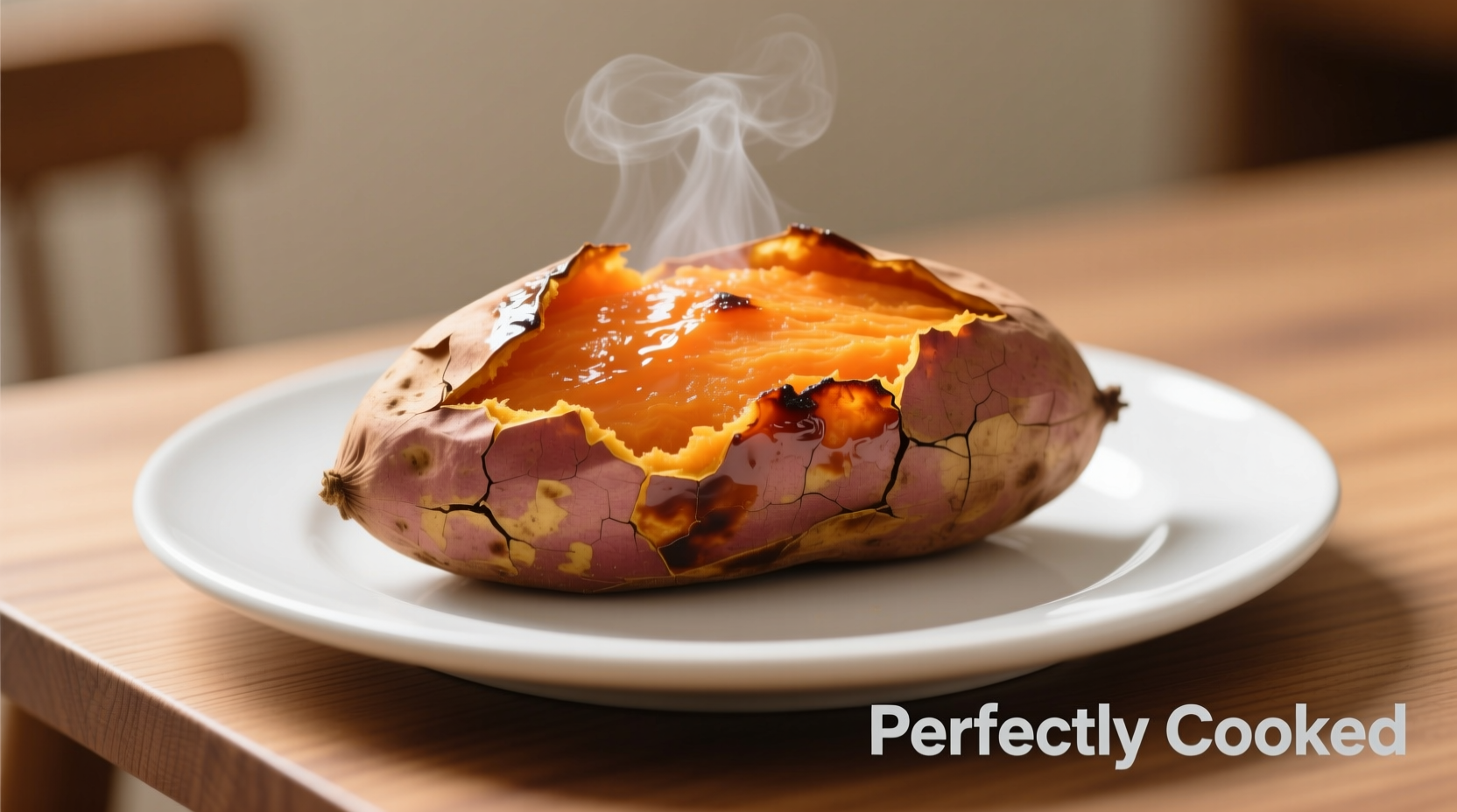Perfectly cooked microwave sweet potato on plate