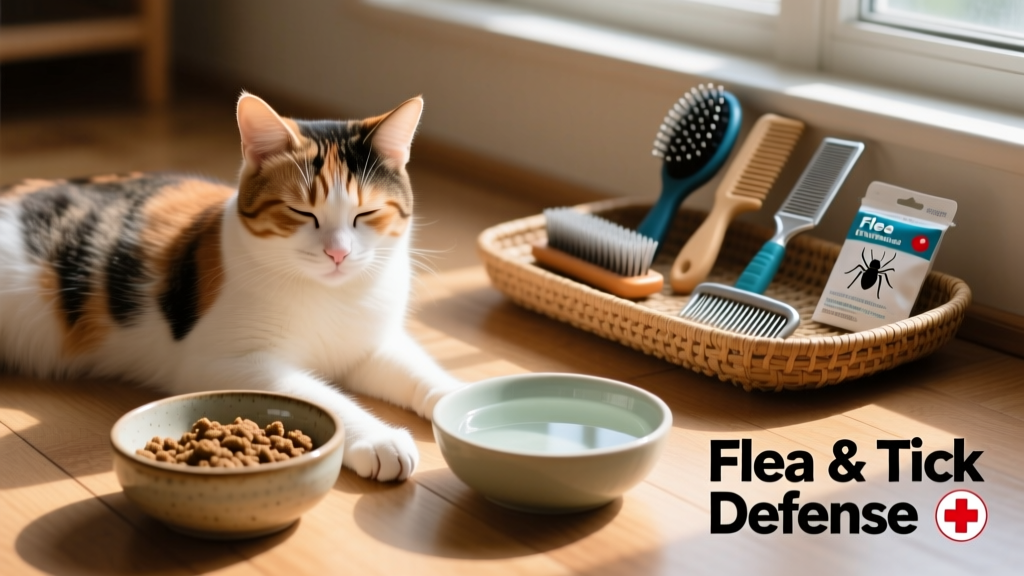 Calm cat resting comfortably beside a bowl of wet food and fresh water, with grooming tools and parasite prevention packaging visible in background