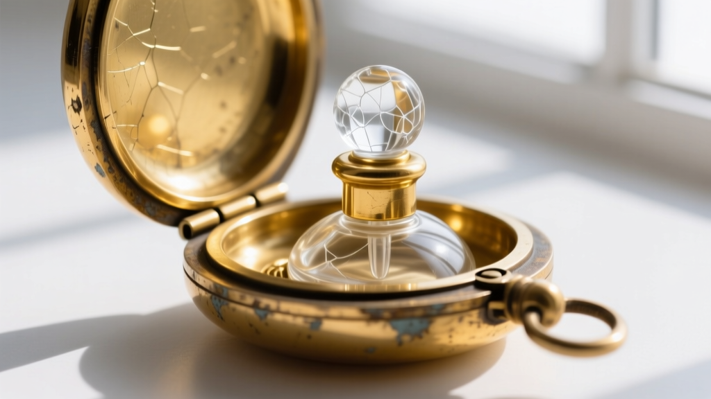 Macro photography of a Victorian gold-filled perfume locket hinge and glass stopper mechanism, showing slight patina and wear.