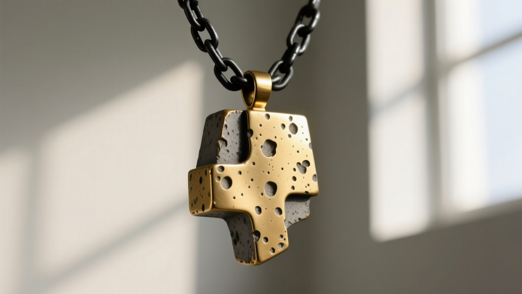 Macro shot of a sand-cast brass brutalist pendant showing deep pitted textures resembling raw concrete on a thick blackened chain