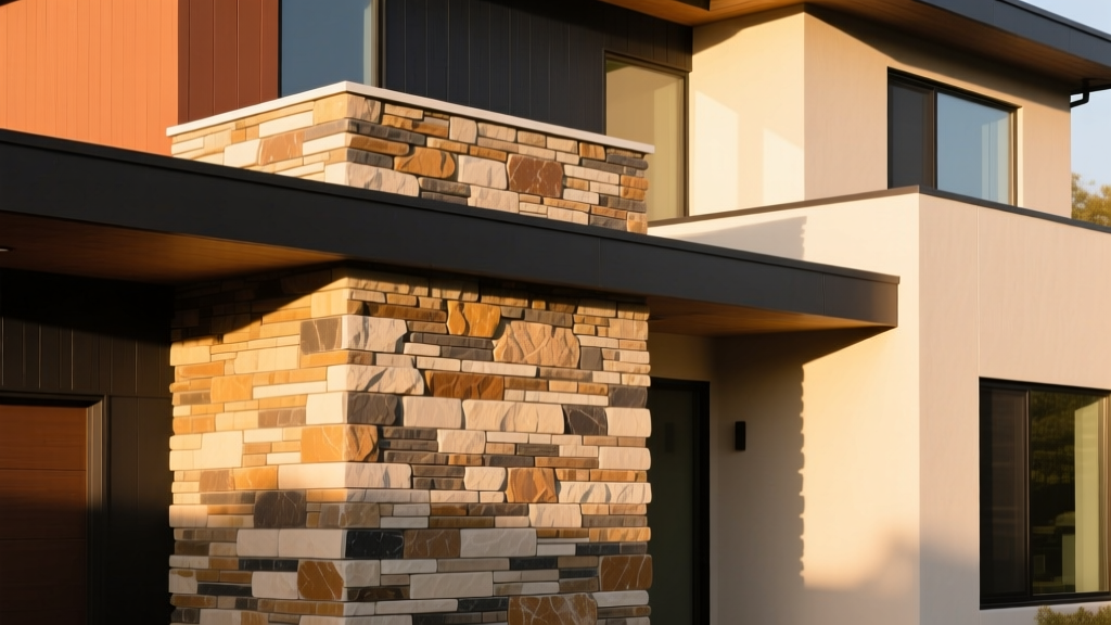 Exterior house facade featuring natural fieldstone veneer and manufactured stacked stone under warm afternoon sunlight