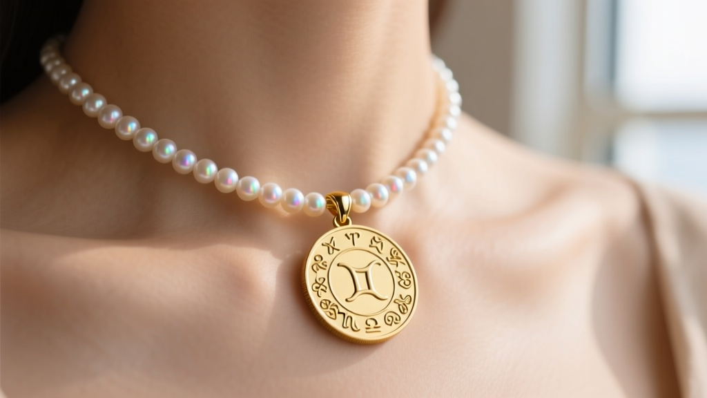 Close-up of a 12mm gold zodiac coin pendant layered with a tiny freshwater pearl choker on a woman