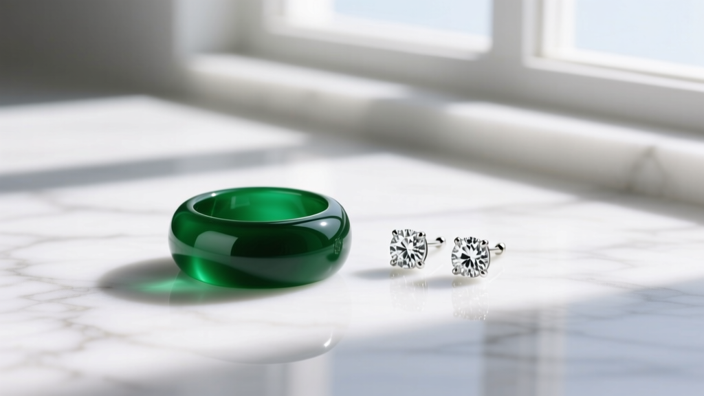 Flat lay of a chunky emerald resin cocktail ring paired with delicate diamond stud earrings on a bright white marble surface.