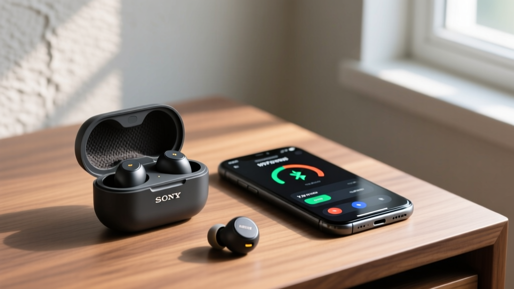 Sony WF-1000XM5 earbuds resting in an open charging case on a desk next to a smartphone displaying Bluetooth diagnostic app data