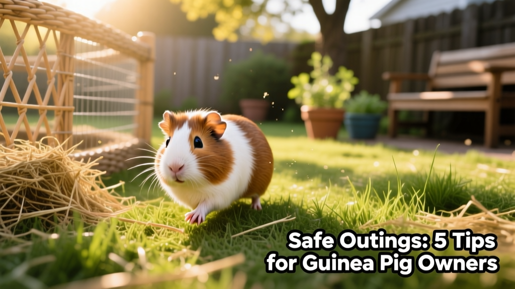 A guinea pig exploring a shaded, secure outdoor playpen with grass and fresh air