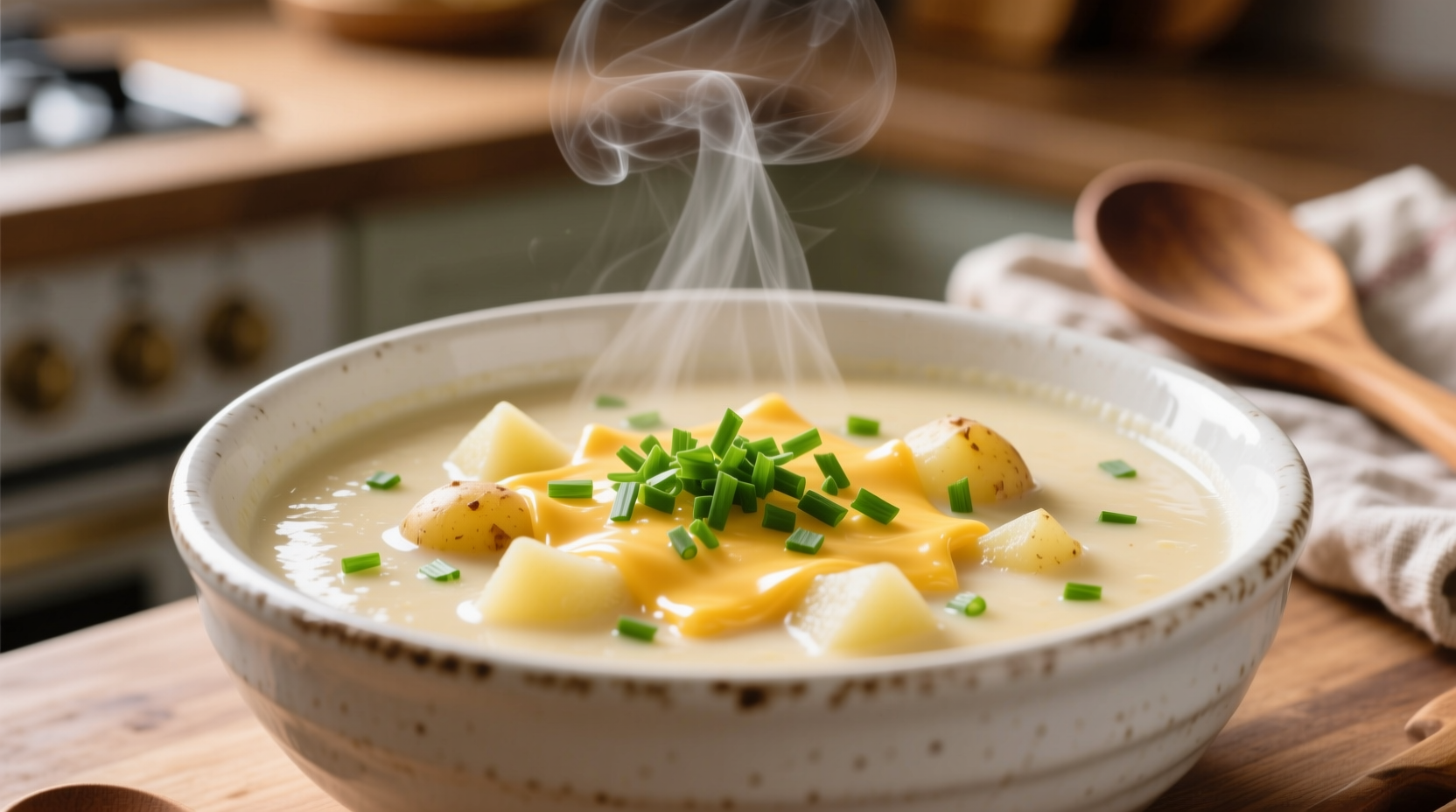 Creamy cheesy potato soup in white bowl with chives
