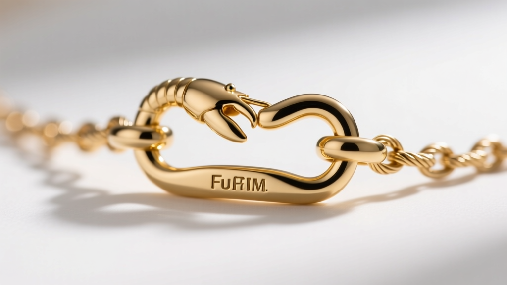 Extreme close-up of a gold vermeil lobster clasp on a delicate cable chain, highlighting a soldered jump ring and hallmark stamp