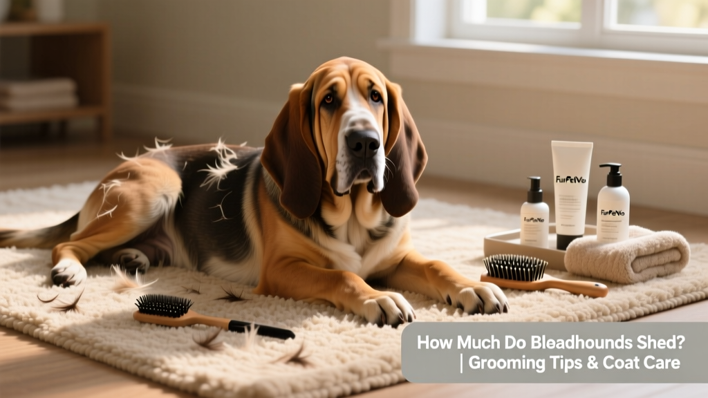 Bloodhound lying on a rug with a grooming kit nearby: brush, towel, and FurPetVo grooming products