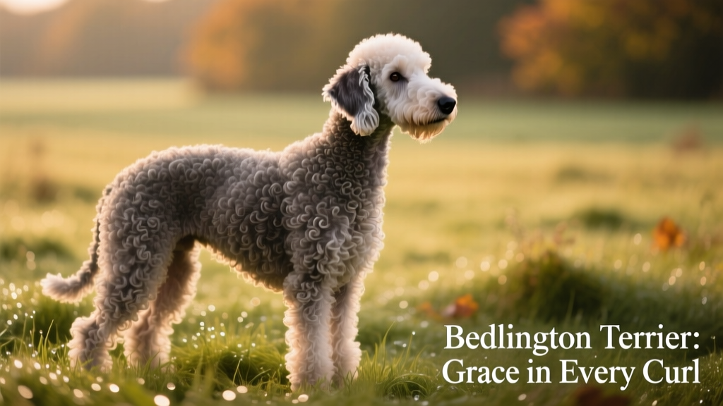 A well-groomed Bedlington terrier standing confidently on grass, showcasing its lamb-like profile and curly coat