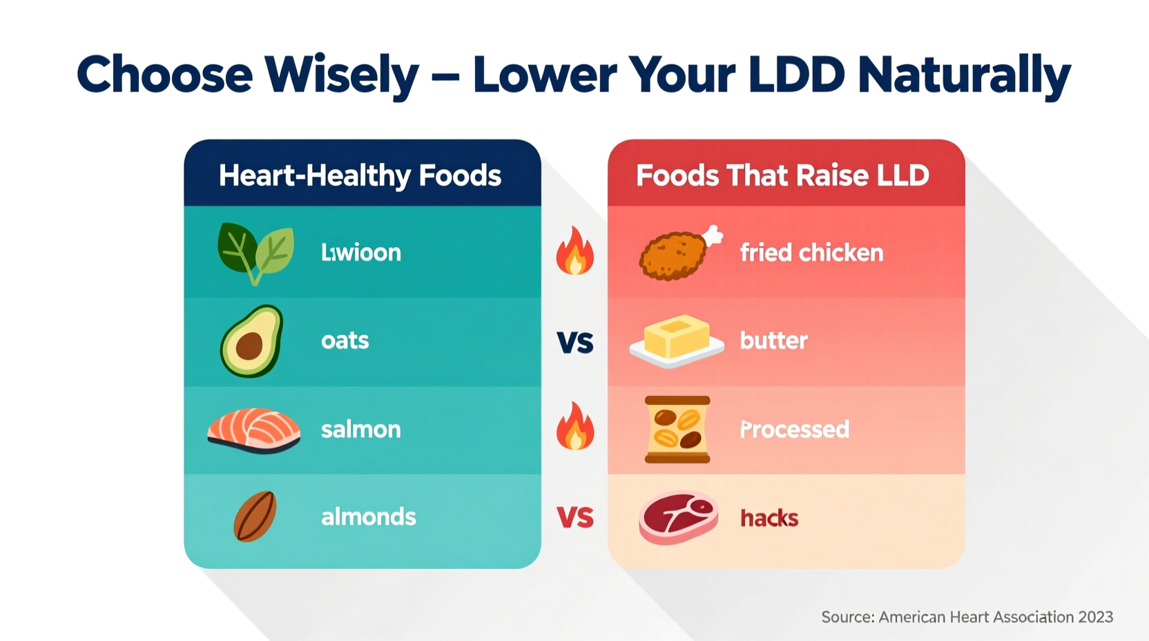 Healthy heart diet comparison chart showing foods that raise LDL