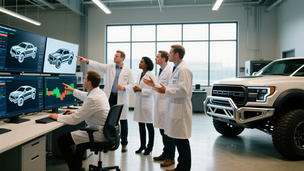 Engineers reviewing crash test data and CNC toolpaths for custom steel off-road vehicle bumper prototypes in a Georgia lab