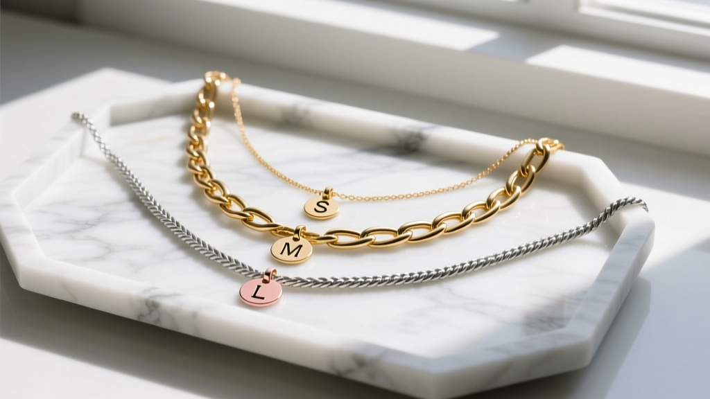 Layered necklace setup with three chain styles and initial pendants of varying sizes, arranged on a marble jewelry display tray.