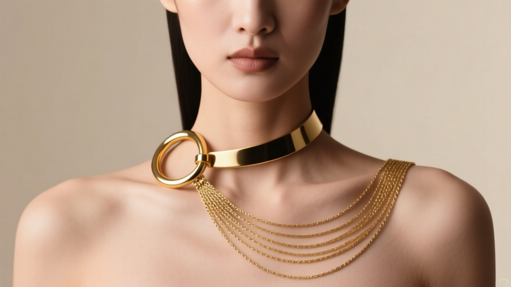 Model wearing a 16-inch gold choker on the left and a 24-inch opera chain on the right, showing distinct drape variations.
