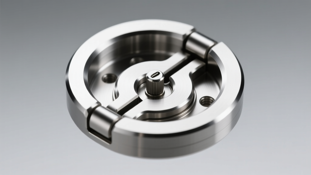 Close-up of a titanium circular collar hinge revealing the internal tongue-and-groove locking pin and precise laser-welded seams.