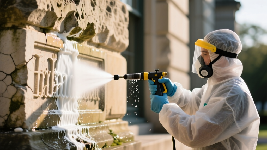 Weathered Indiana limestone facade being carefully cleaned with a low-pressure sprayer and pH-neutral solution by a restoration specialist