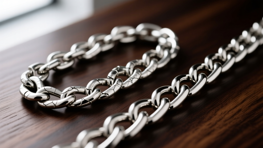Macro shot comparing a scratched sterling silver chain next to a pristine 316L surgical stainless steel curb chain on dark wood