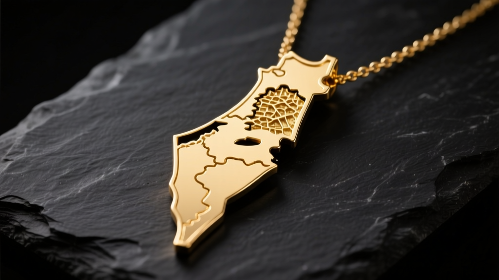Close-up of an 18k gold Palestine map necklace on dark slate, soft studio lighting highlighting the intricate cutout borders.