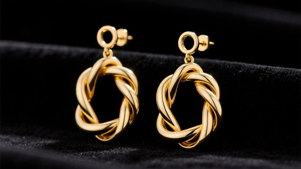 14k gold Milanese mesh drop earrings on dark velvet, highlighting fluid interlocking metal loops and a secure omega clasp.