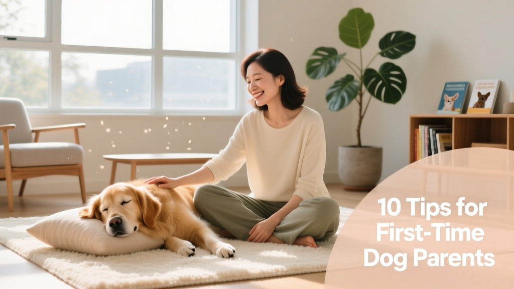 A calm, smiling person sitting cross-legged beside a relaxed dog resting on a soft rug in a sunlit living room