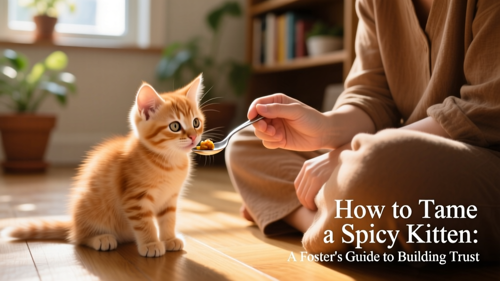 A kitten gently sniffing a treat offered on a spoon while a foster caregiver sits calmly nearby