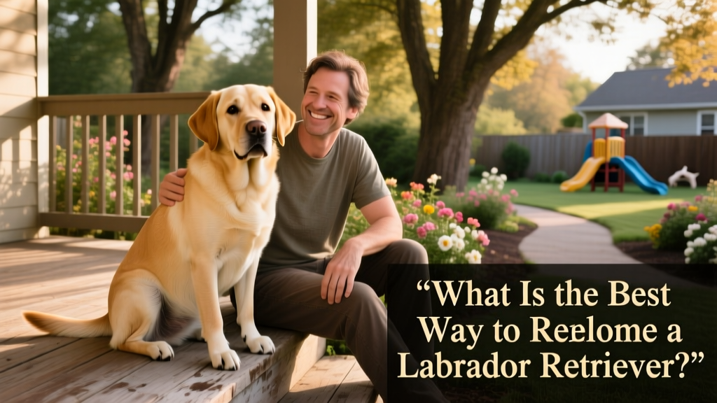 A friendly, well-groomed Labrador Retriever sitting calmly beside a smiling adult